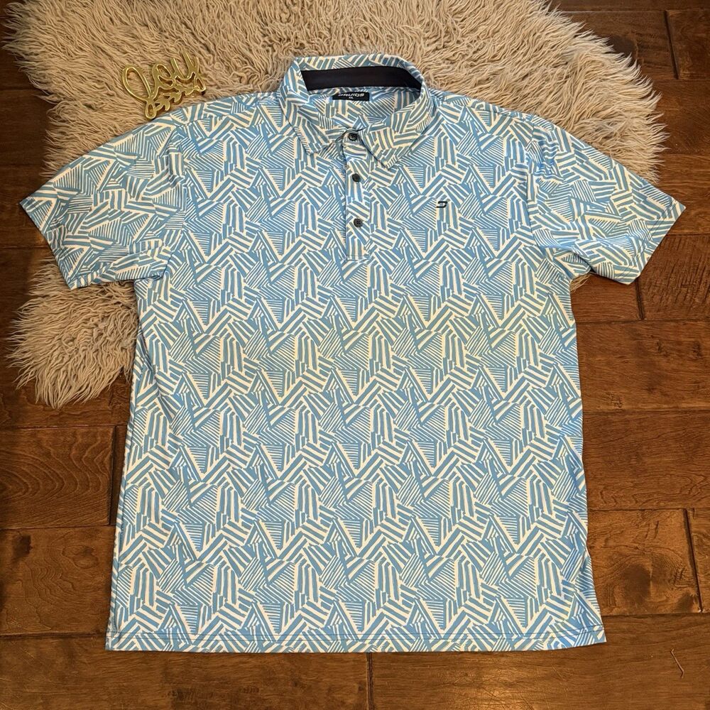 Druids Mens Golf Shirt Size 2XL Blue White Gray Geometric Print tennis